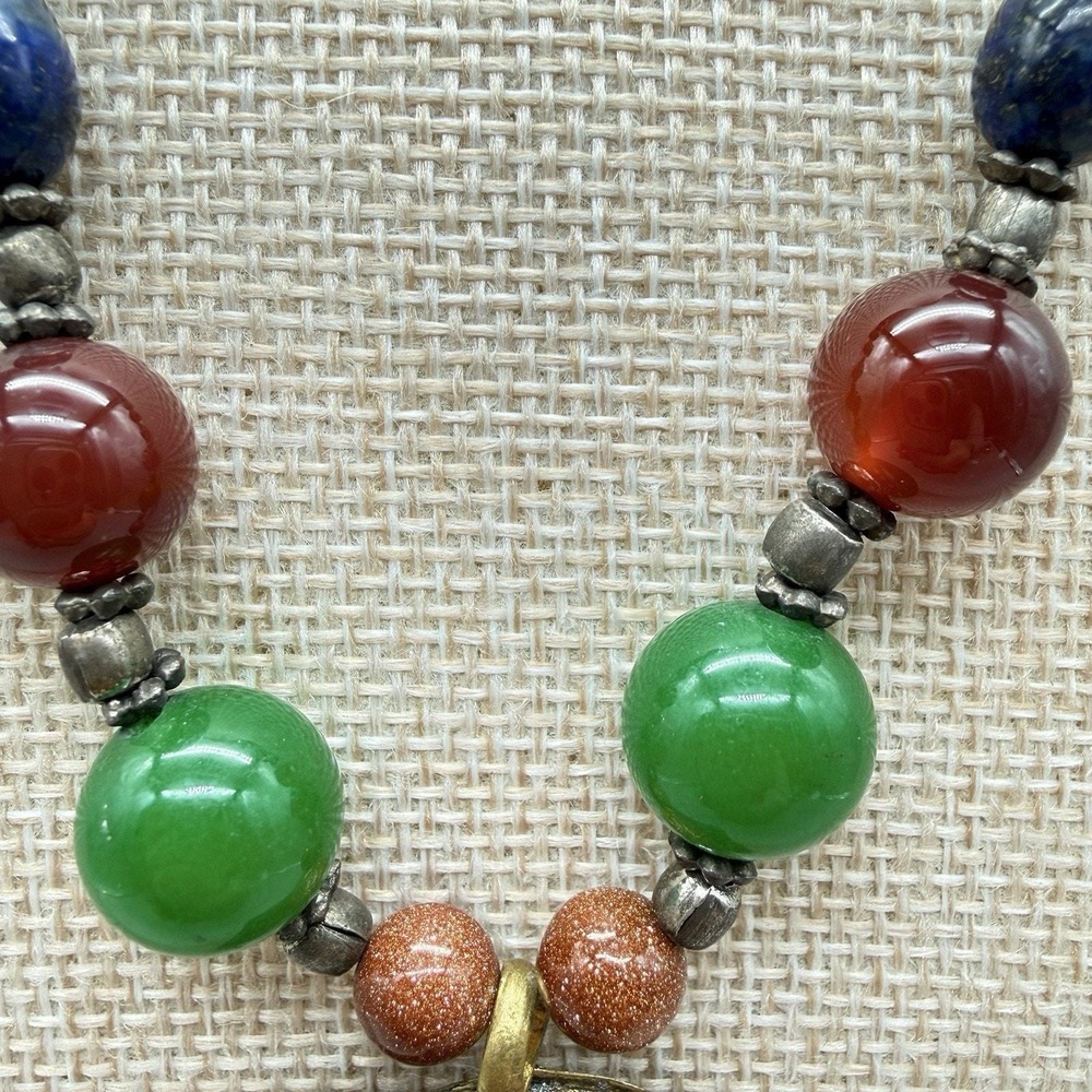 Tibetan Inlay Dome Pendant Necklace Boho Mixed Glass/Semi Precious Beads & Stone - Picture 3 of 16
